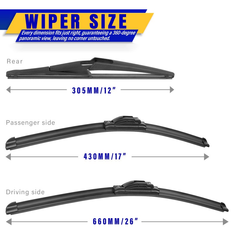 Rooppa 3 wipers Replacement for 2013-2021 2022 2023 Nissan Pathfinder, Windshield Wiper Blades Original Equipment Replacement - 26"/17"/12" (Set of 3) U/J HOOK - Image 2